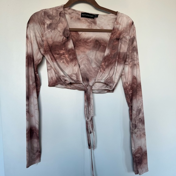 PLT Camel Soft Touch Tie Wrap Around Print Long Sleeve Crop Top - Picture 4 of 7